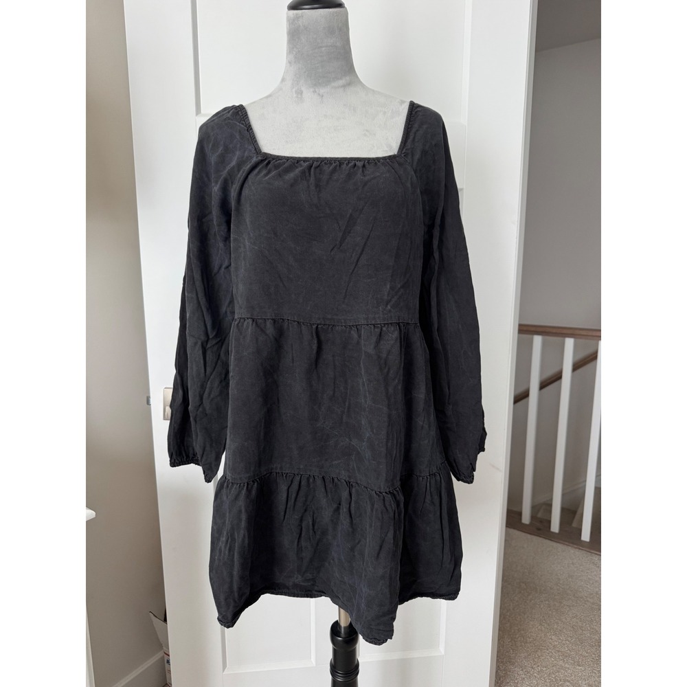 Amadi Washed Black Tencel Tiered Babydoll Mini Dress Square Neck Small USA Made